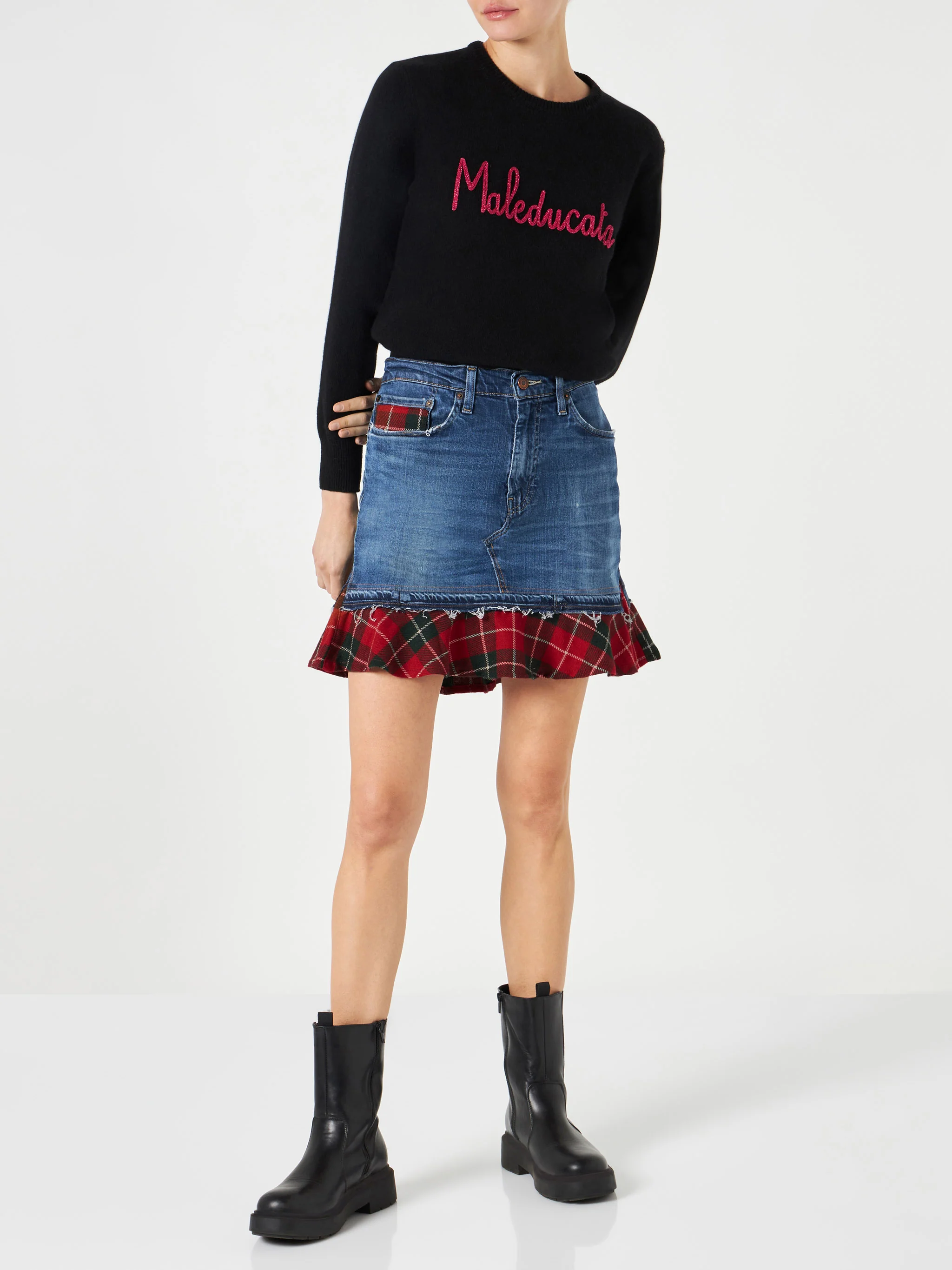 Falda vaquera vintage para mujer con detalles de cuadros