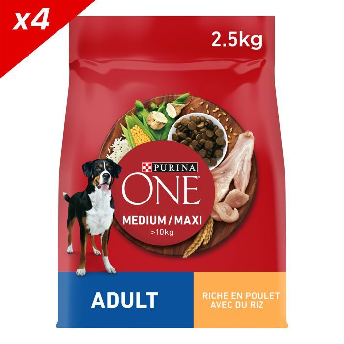 Alimento para perros - PURINA - ONE Medium/Maxi - Rico en pollo - 10 kg - 4 bolsas de 2,5 kg