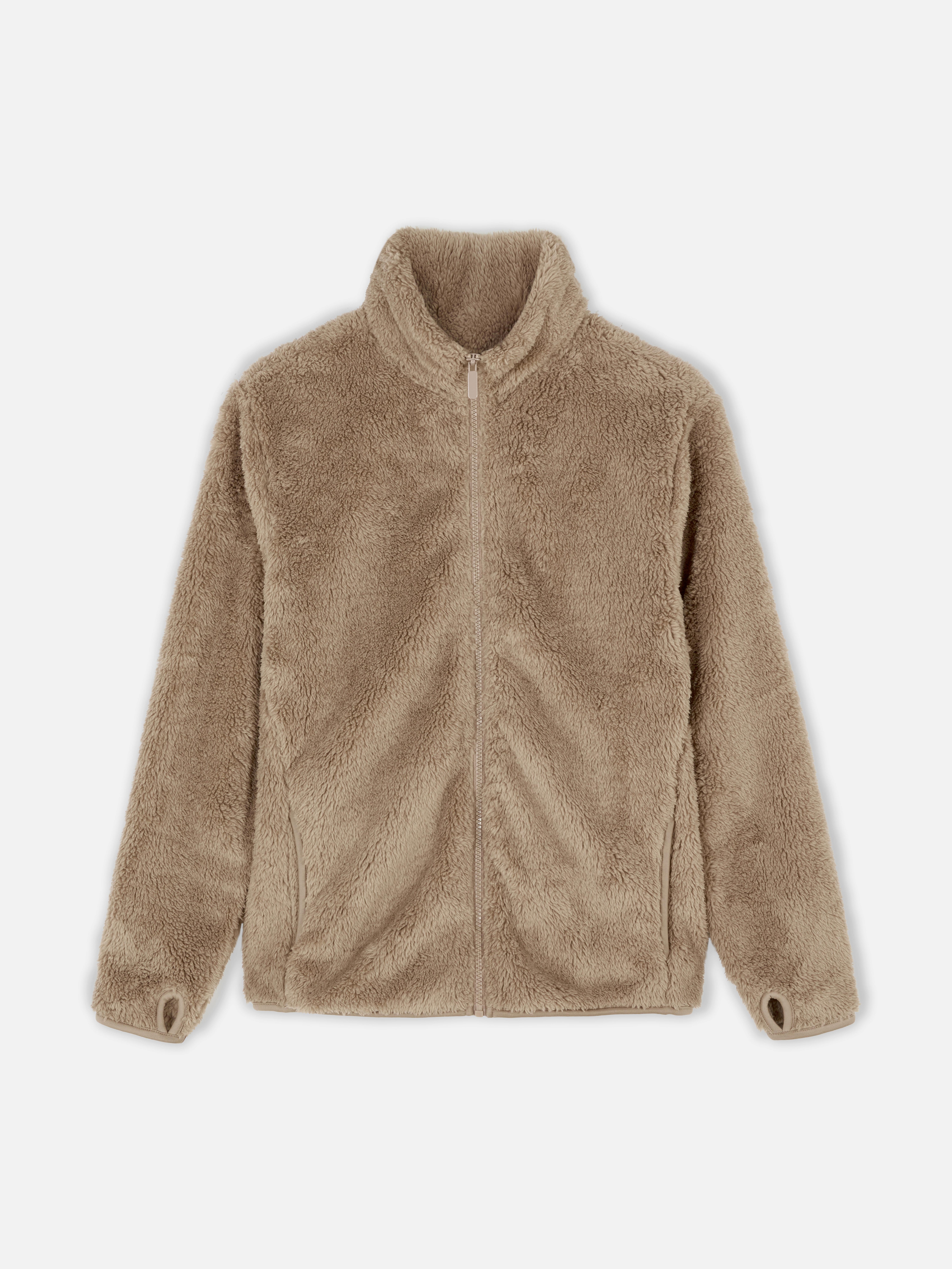 Teddy fleece zippered jacket. A soft teddy fleece jacket with long sleeves, a stand-up collar, and a full-length zipper.