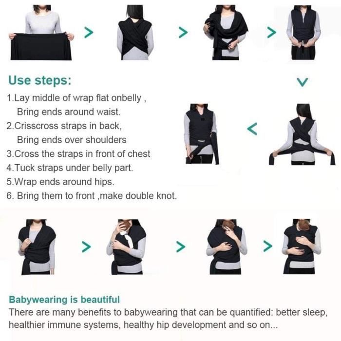 Portabebés multifuncional para recién nacidos y bebés, de algodón elástico, sin nudos, hasta 15 kg - Negro
