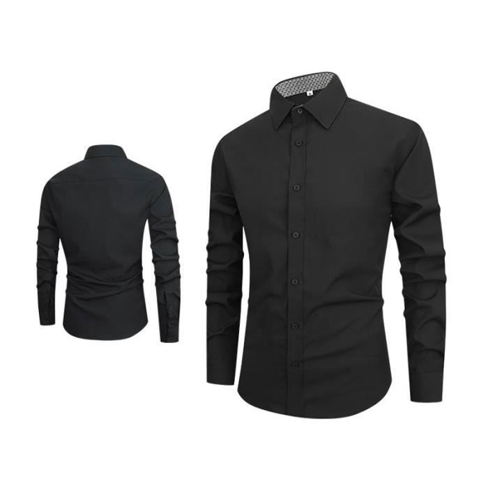 Camisa de manga larga con cuello a cuadros, corte ajustado, talla grande, para hombre, elegante color liso - Talla europea - Negro