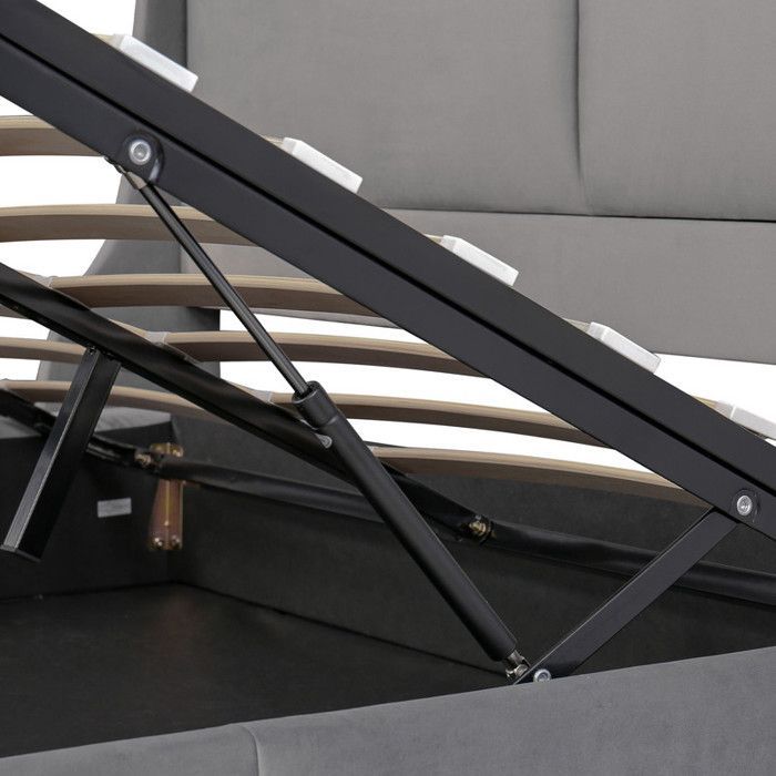 Tweepersoonsbed 180 x 200 cm, hoofdeinde met kussen, lattenbodem, hydraulisch verstelbaar bed, flanellen bekleding, grijs