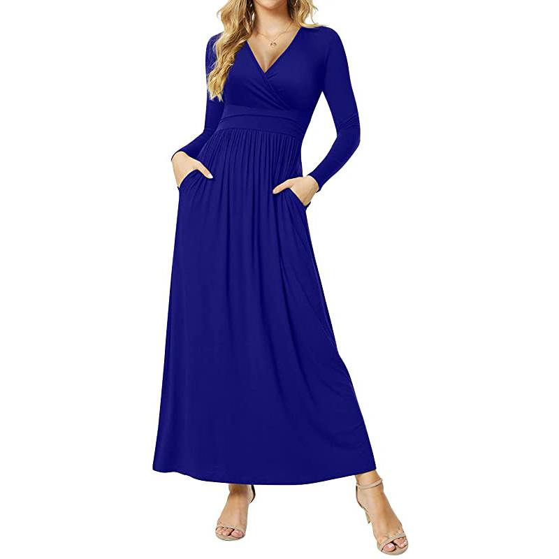 Abito lungo casual da donna a maniche lunghe con scollo a V profondo e vita plissettata, con tasche.