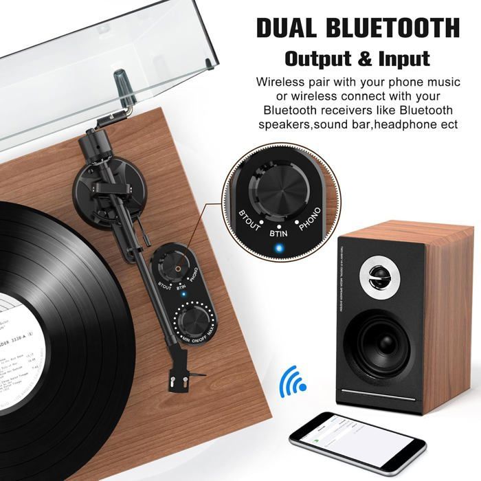 Giradischi Hi-Fi Bluetooth, diffusori da scaffale da 40 W, piatto in alluminio, 2 velocità, preamplificatore AT-3600L, marrone.