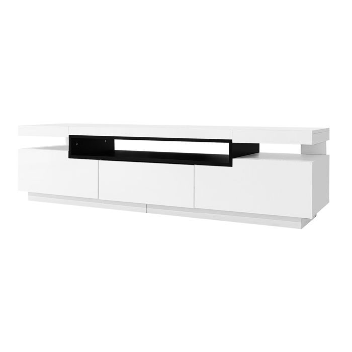 Elegante mueble para TV lacado de alto brillo con iluminación LED, 3 cajones, color blanco, mueble para salón, 160 x 39 x 42 cm
