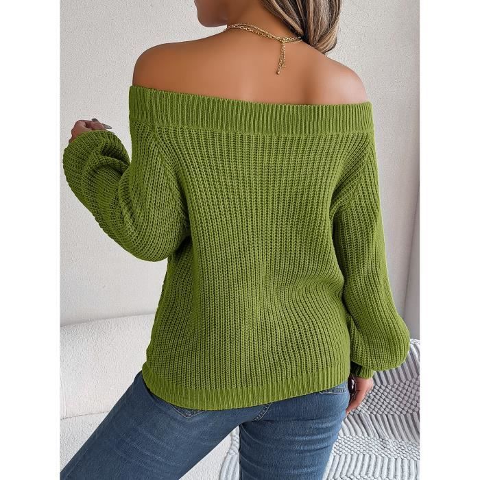 Jersey de punto holgado informal para mujer con cuello barco, hombros descubiertos, detalle calado, mangas largas, color liso - Verde
