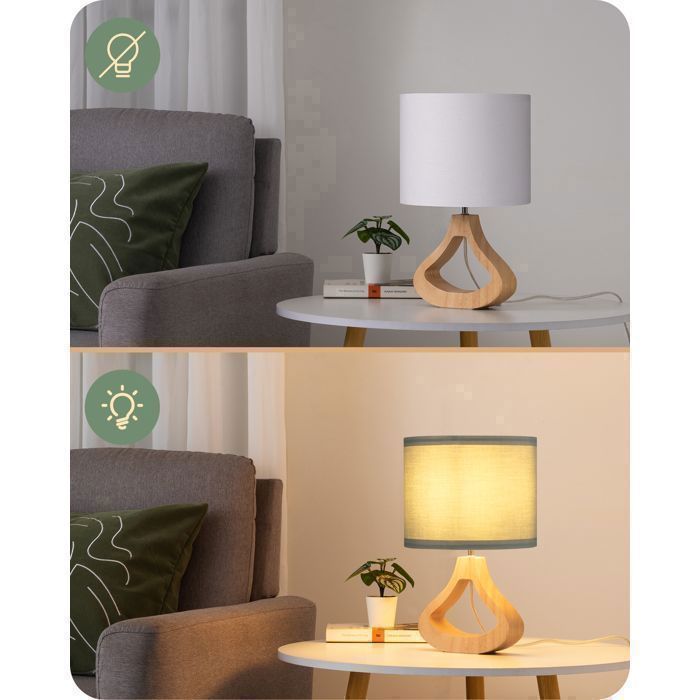 Lámpara de mesa moderna EDISHINE con pantalla de lino y base de madera teñida de roble claro, bombilla LED E27 incluida.