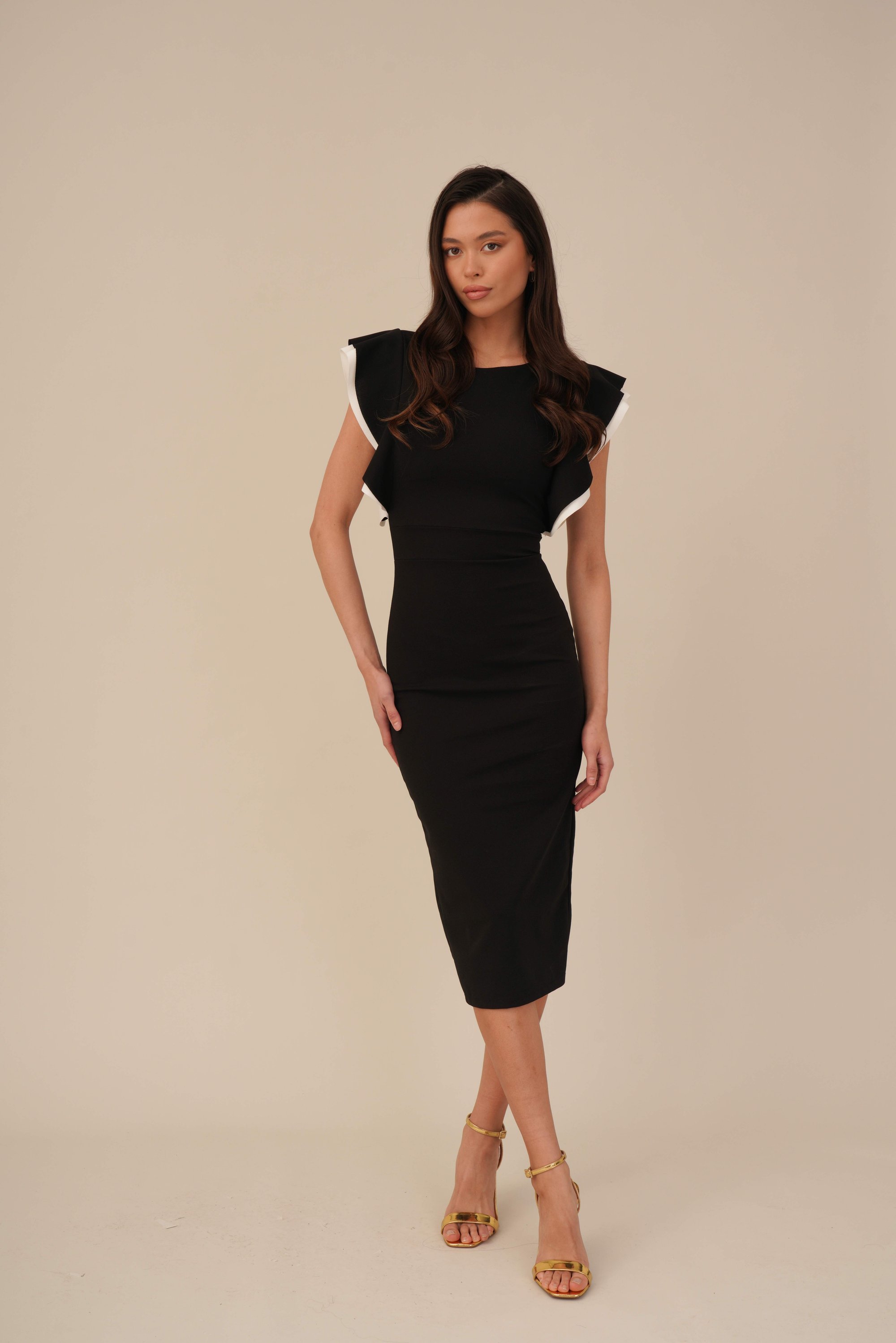 WAL G TALL MIDI HALJINA S KONTRASTNIM VOLANIMA I RUKAVIMA - Koktel haljina / Haljina za svečane prigode - crno/bijela