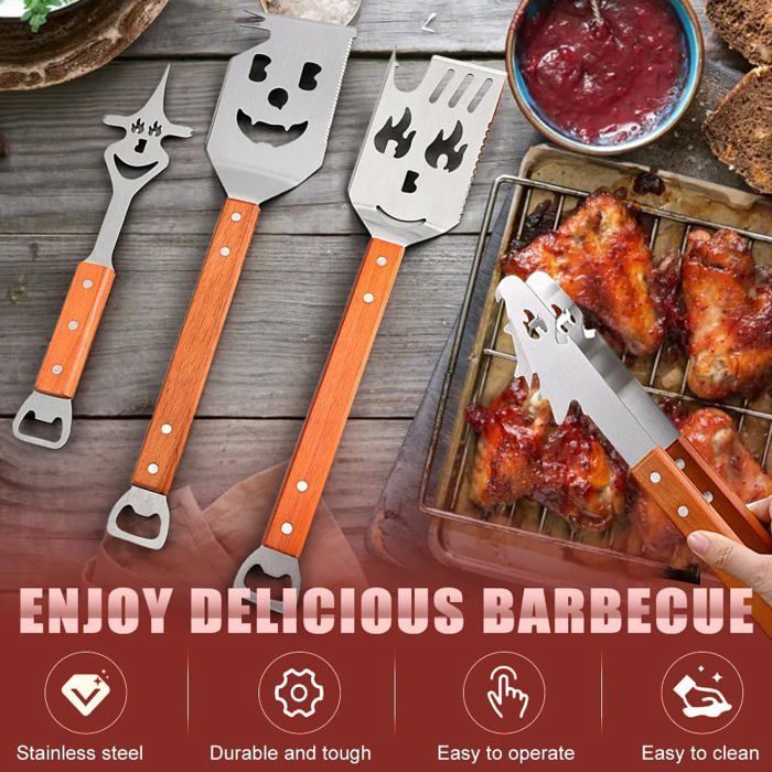 Juego de accesorios para barbacoa de 4 piezas: pinzas, cuchillo, tenedor, sierra, mango de madera, regalo del Día del Padre para papá