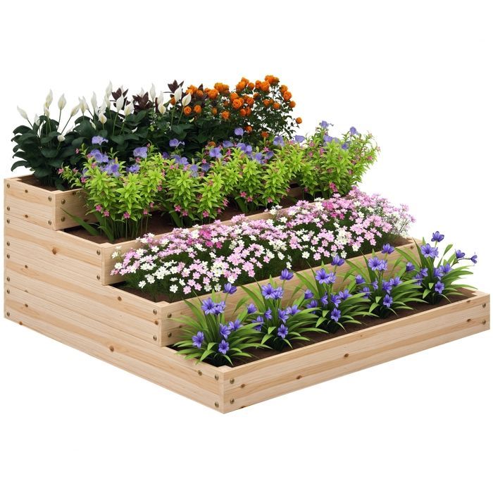 Garden Raised Garden Bed - Outsunny - Bottomless - 4 Tiers - for Herbs, Vegetables, Fruits, Flowers - 113 x 113 x 46 cm - Natural Wood
