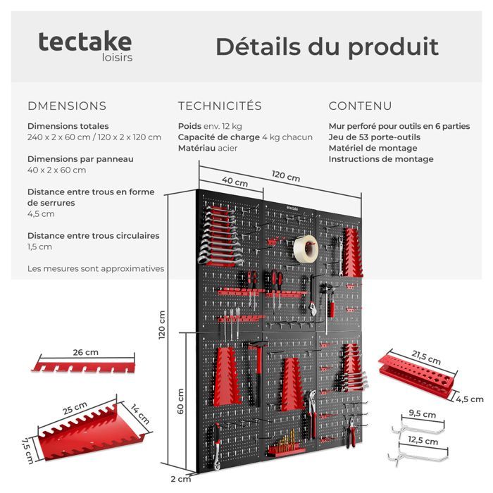 Almacenamiento de herramientas - TECTAKE - Juego de 6 paneles de acero perforado JONAH para un práctico almacenamiento de herramientas con ganchos incluidos.
