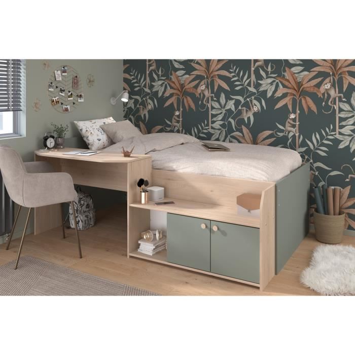 JADE Kinder-Kombinationsbett 90x190/200 cm - Eiche / Celadongrün - Schreibtisch und Stauraum - PARISOT