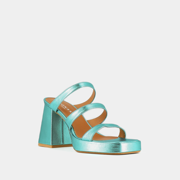 Mules à brides et bouts carrés  en cuir metallisé turquoise