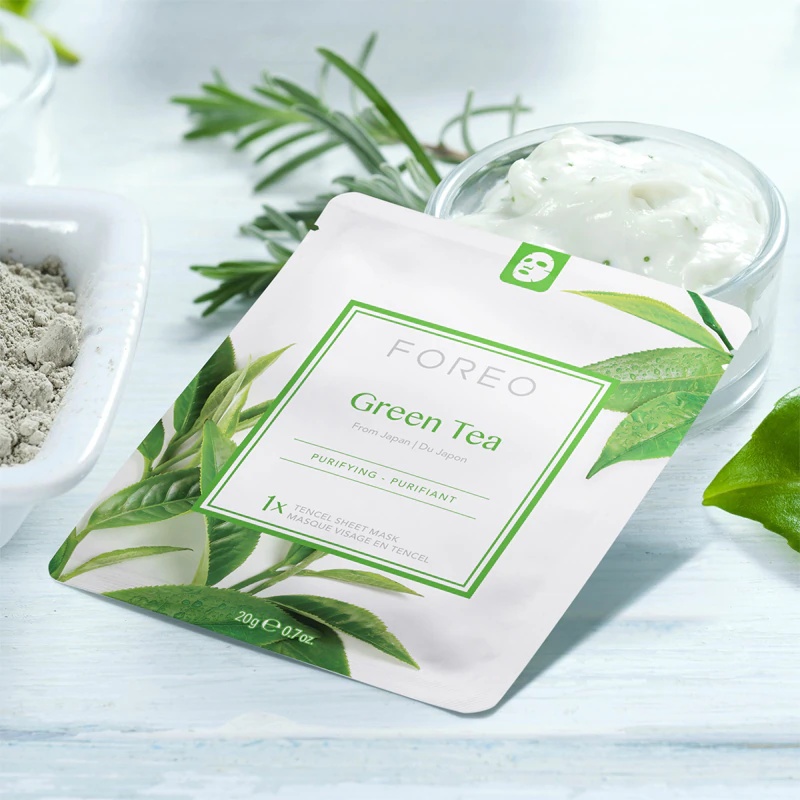 FOREO Farm to Face Sheet Mask Умирујућа маска за лице са зеленим чајем за комбиновану кожу