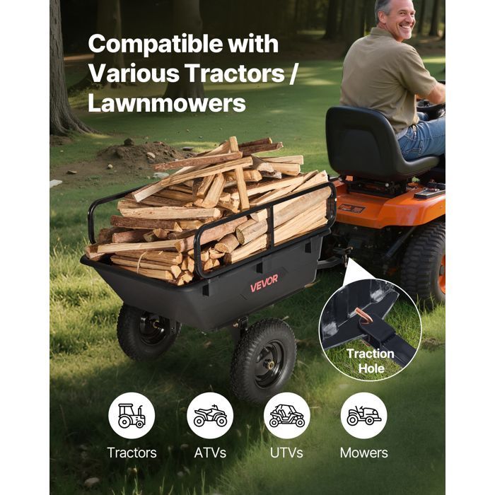 Remolque basculante VEVOR 283L - Remolque para tractor cortacésped - Jardín - Polietileno - Capacidad de carga 226,8 kg