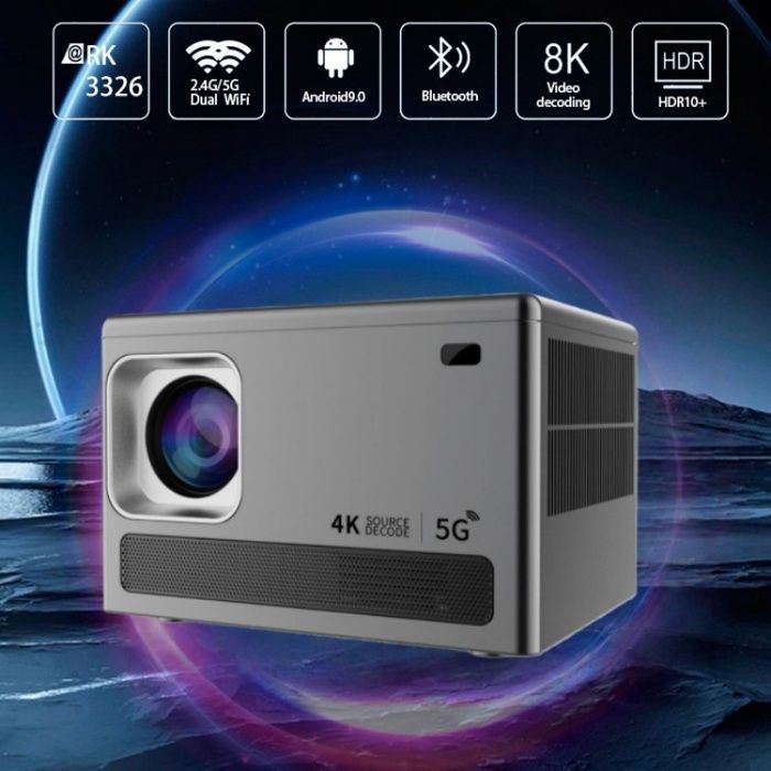 Proyector, 720p, Android 9.0, Bluetooth, Wi-Fi, calidad de audio HD, portátil, gris