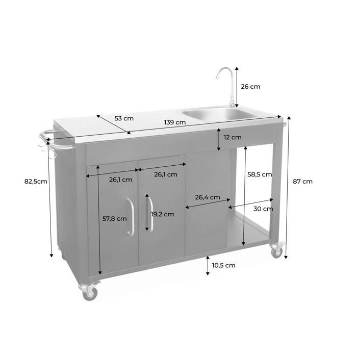 Cucina da esterno in acciaio con lavello e 2 ante, larghezza 139 cm, ROCHEFORT