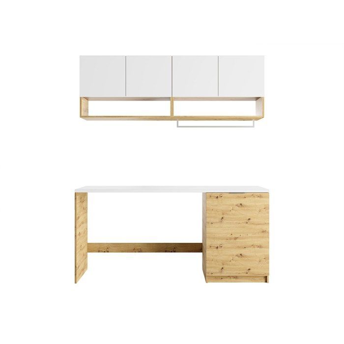 Mueble de lavandería para lavadora con encimera - 182 cm de ancho - Blanco y natural claro - NATAJI