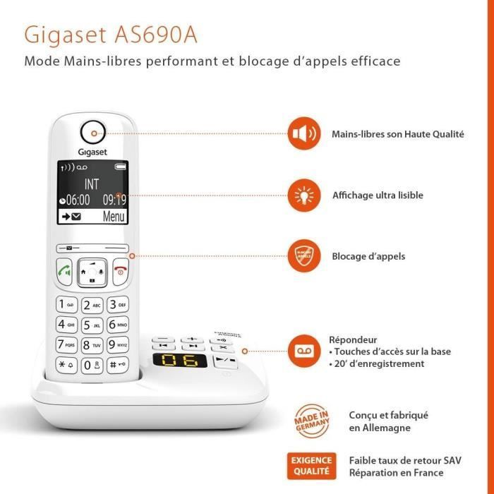 Teléfono inalámbrico AS690 A Trio blanco - GIGASET - Monocromo - 20 tonos de llamada - Manos libres