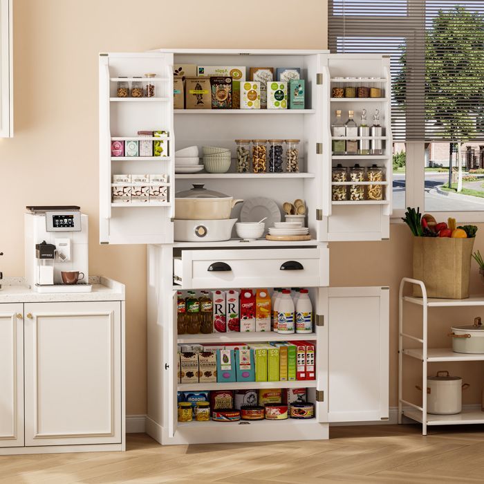 Kitchen Buffet, Tall Kitchen Cabinet, Dining Room, 4 Doors, Drawer, Adjustable Shelves, MDF, White, Rustic, 80x40x182cm