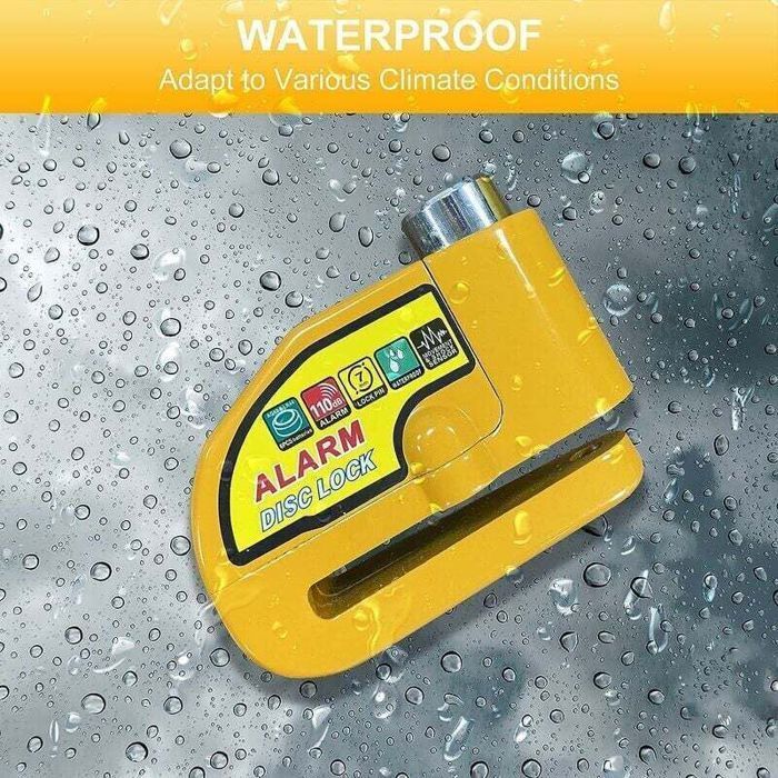 Candado para motocicleta con alarma - PZCC - 110 dB - 2 llaves - Cable de seguridad de 1,5 m - Bolsa de transporte - Amarillo