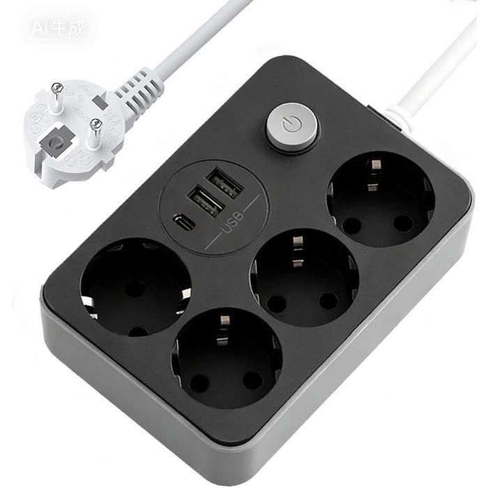 Steckdosenleiste mit Überspannungsschutz und USB-Anschlüssen, 4 Steckdosen + 3 USB-Anschlüsse