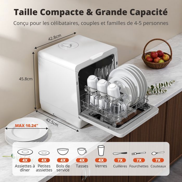 Mini lava-louças de mesa AIRMSEN com 8 programas, reservatório de sal, capacidade para 4 serviços, trava de segurança para crianças, sem necessidade de conexão hidráulica.