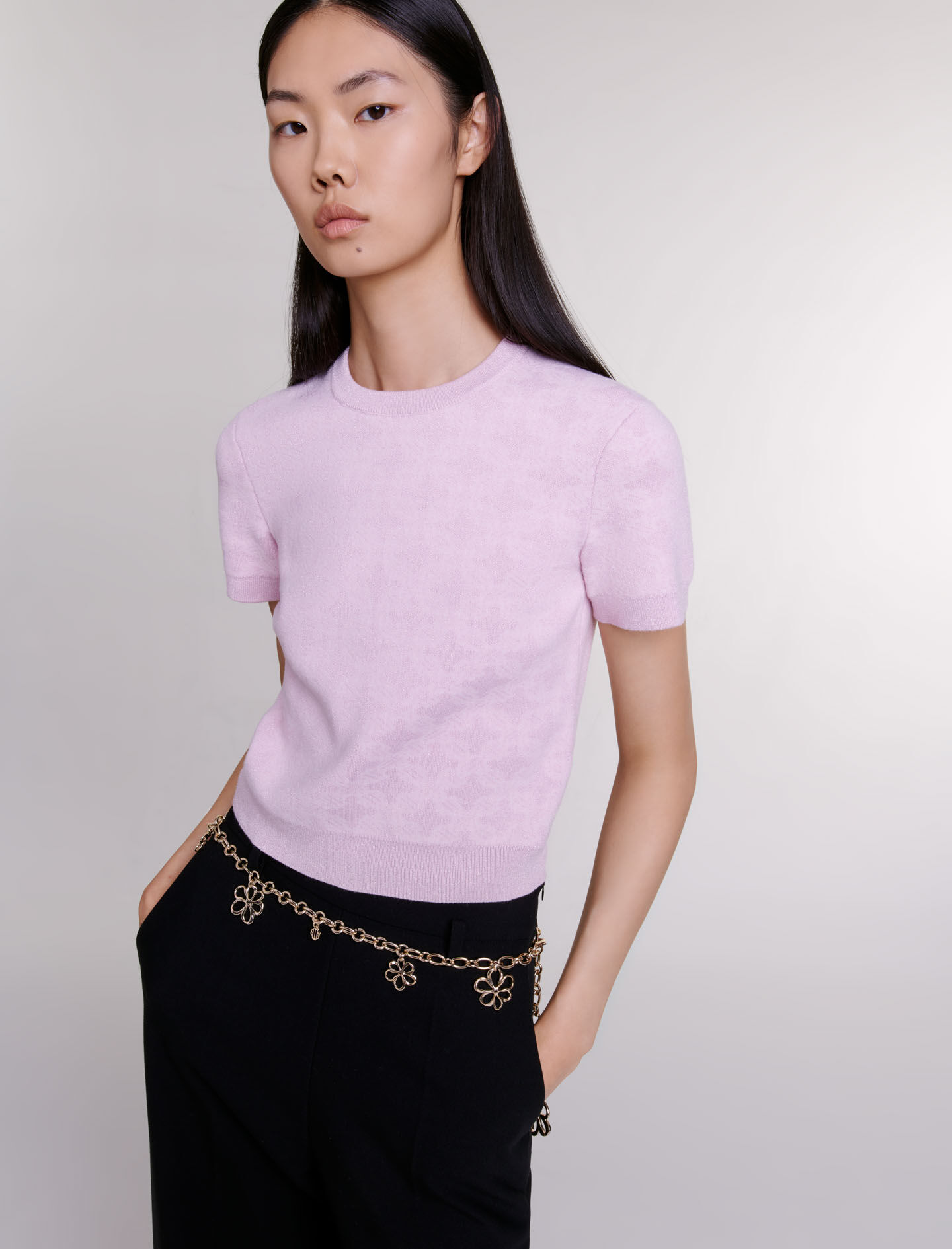 Pulover scurt tricotat jacquard - Roz deschis