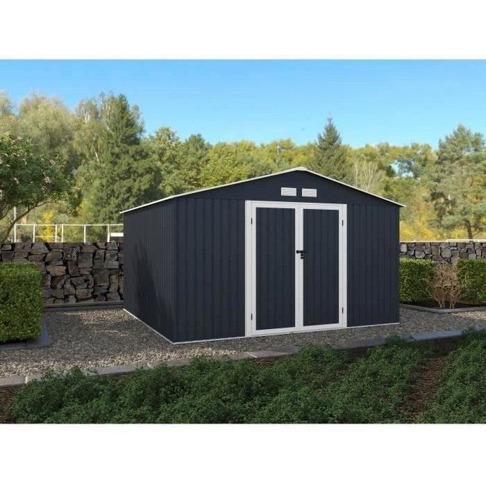 Metalen tuinschuur 10,85 m² - 340 x 319 x 210 cm - LUNEX - Inclusief verankeringsset, 2 draaideuren - Grijs