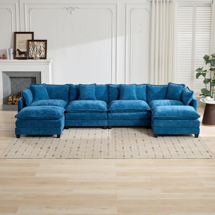 Canapé modulable 4 places en chenille bleu FloraGrace