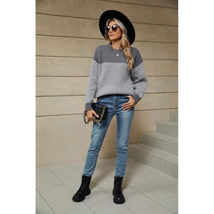Jersey de punto a rayas para mujer, ideal para otoño/invierno, manga larga y cuello redondo - Gris - INSFITY - Mujer - Cuello redondo