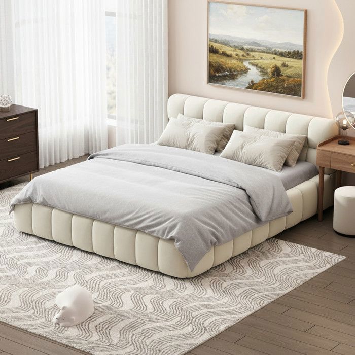 Cama para adultos de 140x190 cm en lino beige, diseño acolchado tipo burbuja, estructura baja, armazón independiente, diseño de colchón integrado.
