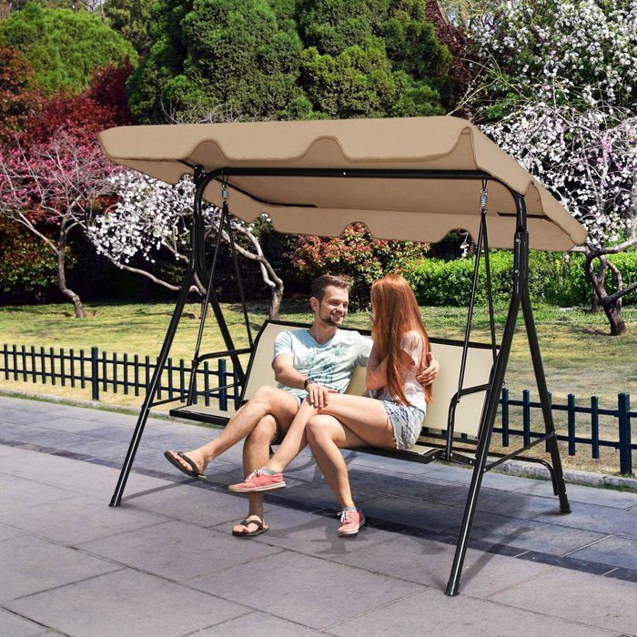 GOPLUS 3-Seater Garden Swing 170x120x153CM, with Adjustable Canopy, Textilene Fabric/Steel Frame, Brown