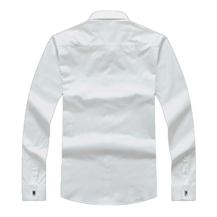 Camisa clásica de manga larga lisa de corte ajustado con puños franceses para hombre - Blanca