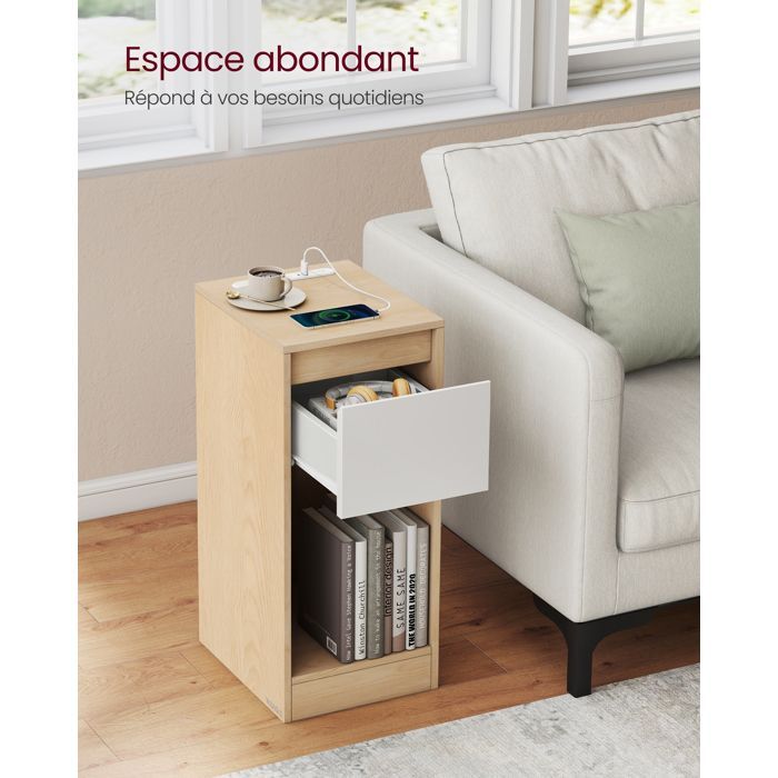 Set of 2, Narrow Bedside Tables, with LED Lighting, 1 USB-A Port, 1 USB-C Port, Drawers and Open Compartments, Yellow and White