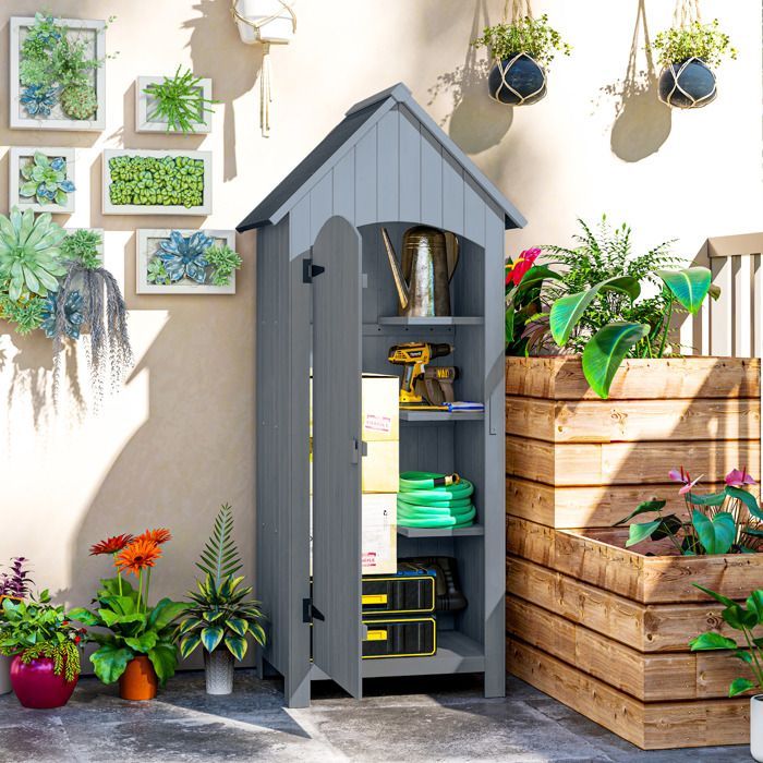 Armoire de jardin en bois - Outsunny - Abri de jardin Armoire à outils Cabane en bois Toit bitumé - Gris - 77,5 x 54,2 x 179,5 cm