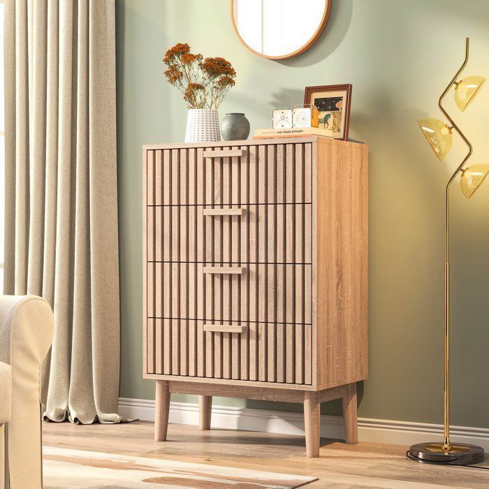 Cómoda de 4 cajones, mueble de almacenamiento para dormitorio, cómoda/armario de madera, 60x34x91 cm, estilo escandinavo moderno, color madera natural.