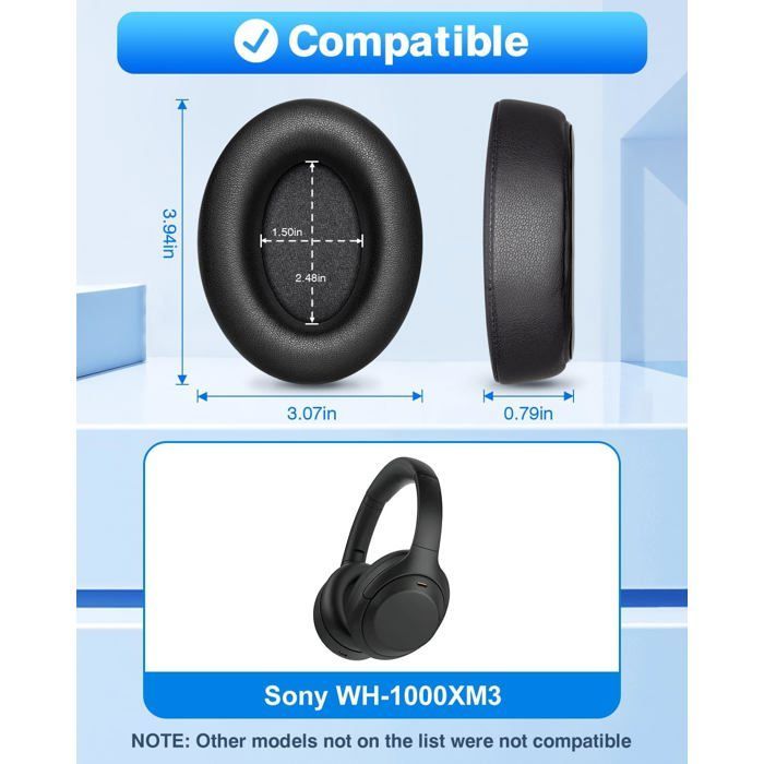 Ohrpolster für Sony WH-1000XM3 (WH1000XM3) Over-Ear-Kopfhörer, Schaumstoffpolster mit geräuschisolierendem Memory-Schaum, Schwarz