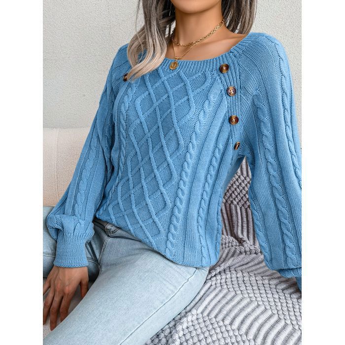 Pull Femme en Tricot Manches Longues Col Carré Pullover Lâche Torsadée Avec Boutons Couleur Unie Automne Hiver - Taille EU - Bleu