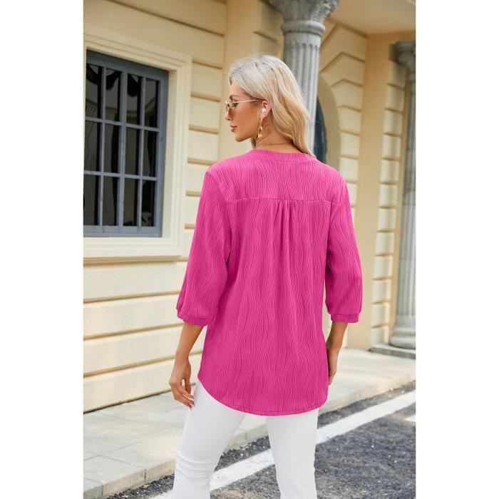 T-shirt da donna con scollo a V e bottoni, maniche a 3/4, vestibilità comoda e rilassata, tinta unita, ideale per l'estate - Rosa
