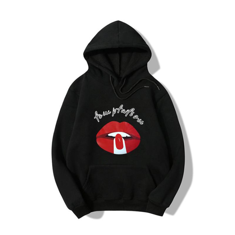 Pull à capuche en polaire tendance automne pour femme, imprimé lèvres rouges, manches longues, coupe ample, style streetwear.