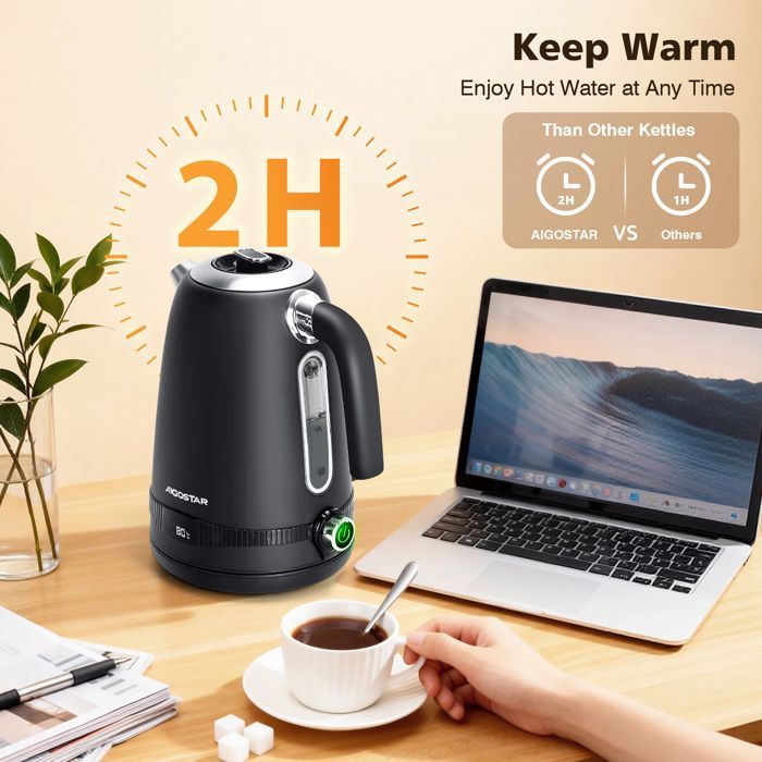 Aigostar Loki - 0% BPA stainless steel kettle. 1.7L, 2200W. 7 preset temperatures, keep warm function, LED display.