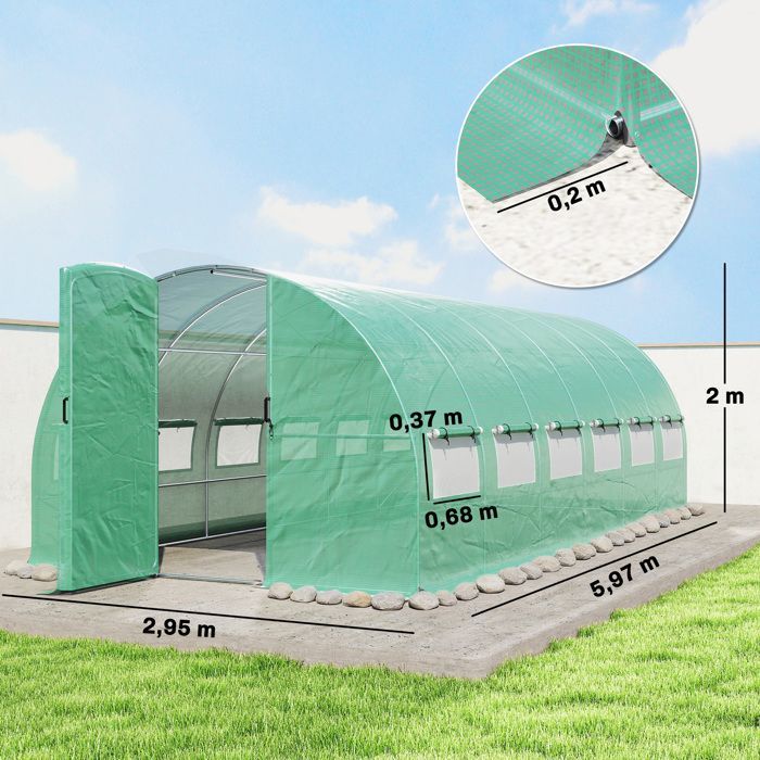 Serre tunnel de jardin - Outsunny - 18m² 295x597x200cm - avec portes et 12 fenêtres avec moustiquaires - bâche PE 140 g/m² - vert