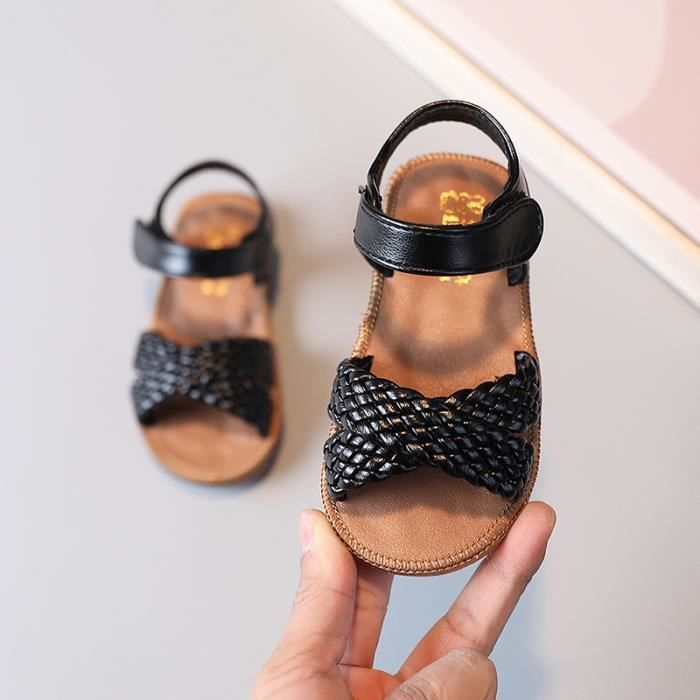 Sandales d'été pour filles chaussures de princesse pour enfants tissées confortables Noir