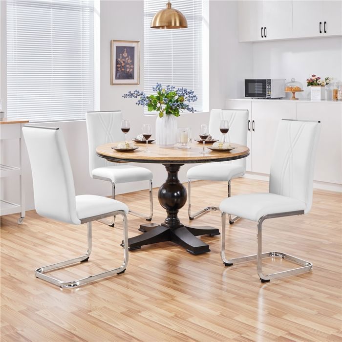 Lot de 4 Chaises Salle à Manger en Similicuir, Haut Dossier & Pieds Métalliques en U, Design Moderne-Cuisine/Appoint,Blanc YAHEETECH
