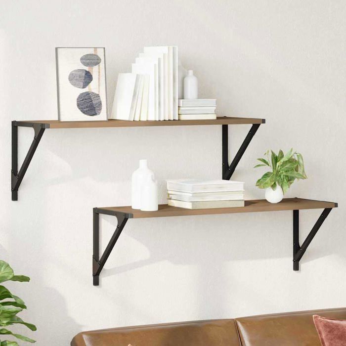 vidaXL Wandplanken van bewerkt hout - Handgemaakt eikenhout - 80x25x25,5 cm - Wandmontage - 2 stuks