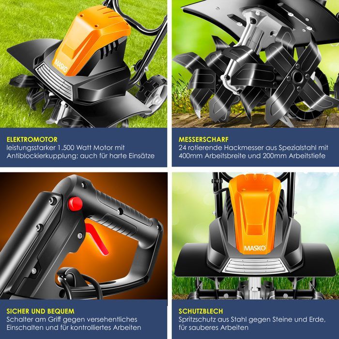 Motocultor eléctrico - MASKO - 1500 vatios - 40 cm de ancho de trabajo - 20 cm de profundidad de trabajo - 6 púas