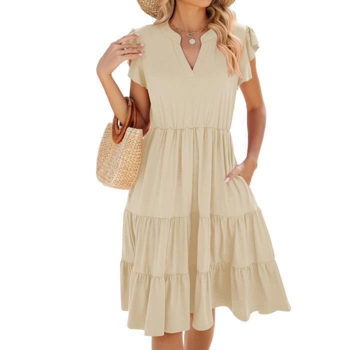 Robe Femme Été Mi-Longue Col V Manches Courtes Volantée Plissé Avec Poches Robe Elegant Couleur Unie - Taille EU - Beige
