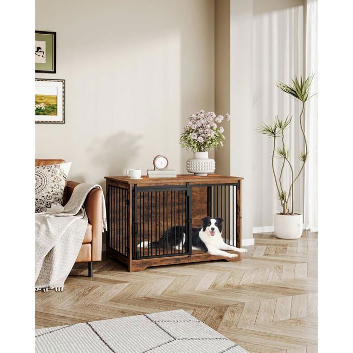 100cm Cage pour Chiens, Table d’Appoint, Niche Moderne pour Chiens, Cage pour Chiots, Maisonnette pour Animaux, 2 Portes