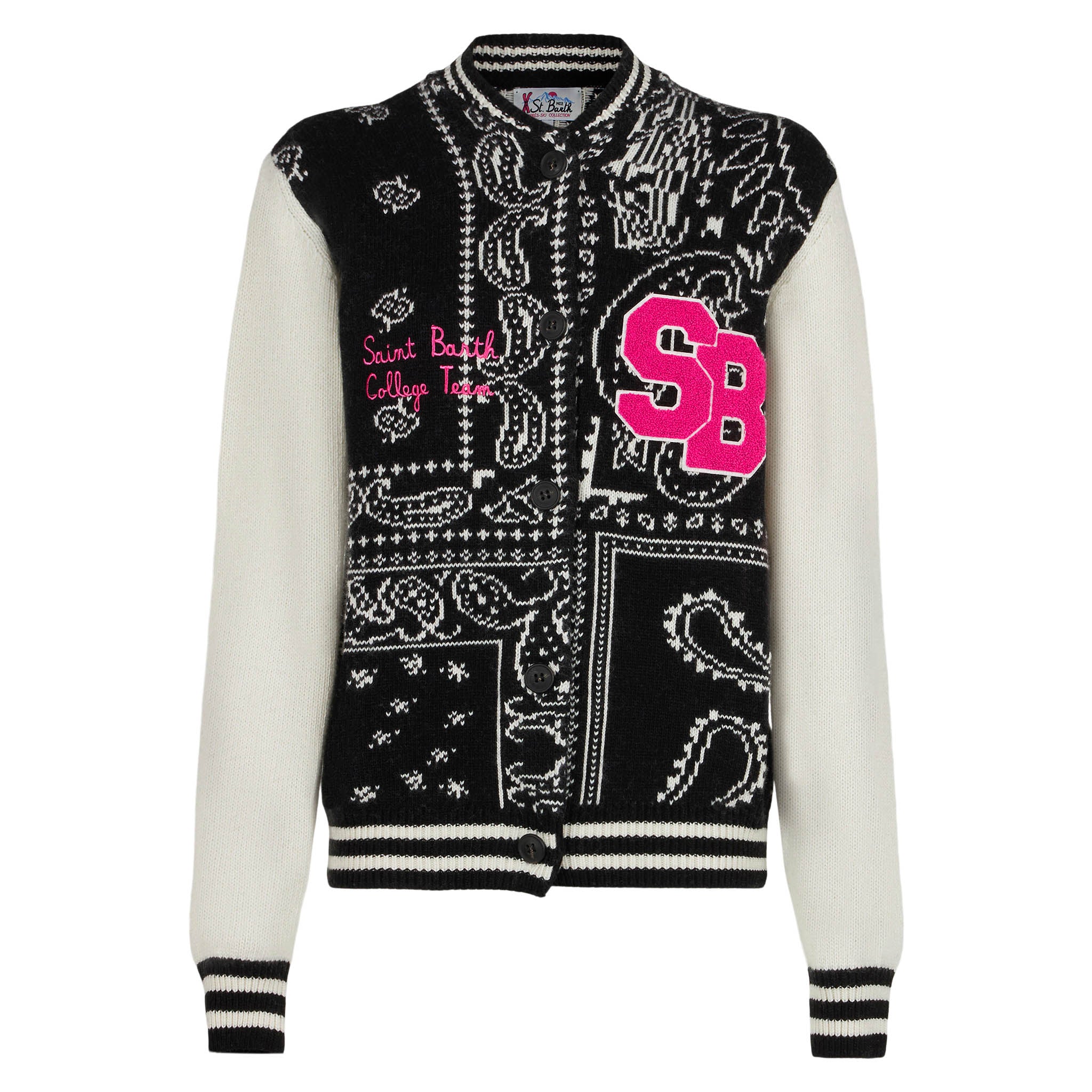 Chaqueta universitaria femenina con estampado de pañuelo.